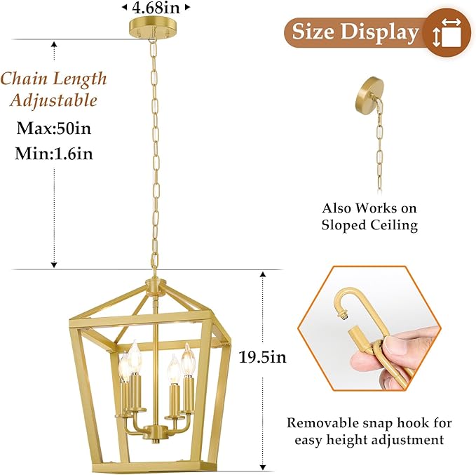 Gold Chandelier 4-Light, Farmhouse Pendant Light Fixture Adjustable Height, Modern Dining Room Light Fixture, Lantern Ceiling Hanging Lighting with Metal Cage for Kitchen Island Entryway Foyer-HomvellaHome