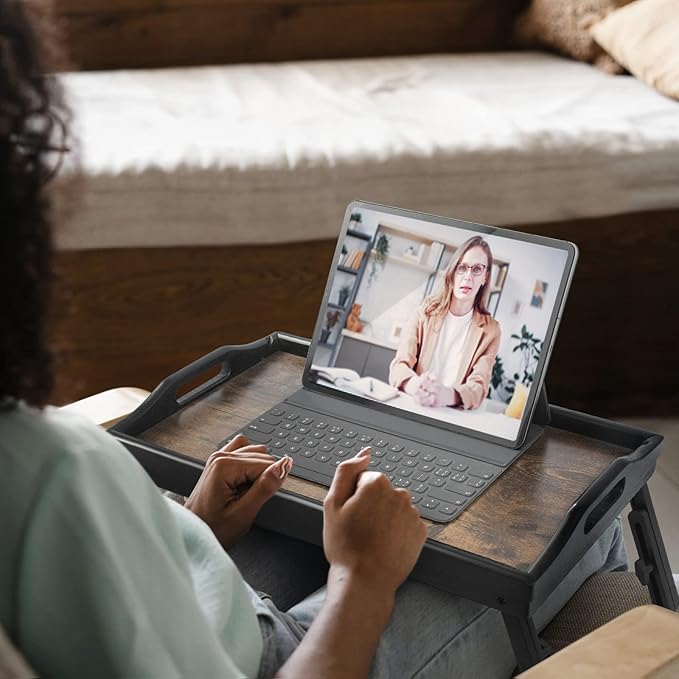 2 Pack Bed Tray Table Breakfast Trays Serving Tray Adjustable Height for Eating Bamboo Bed Laptap Floding Legs with Handles and Phone Holders-HomvellaHome