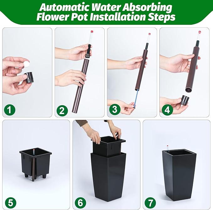 16" Tall Planters Set of 2, Outdoor＆Indoor Black Planter Pots, High Front Porch Planter Pots with Drainage Holes＆Water Level Monitor＆Inner Bucket, Automatic Watering,Black-HomvellaHome