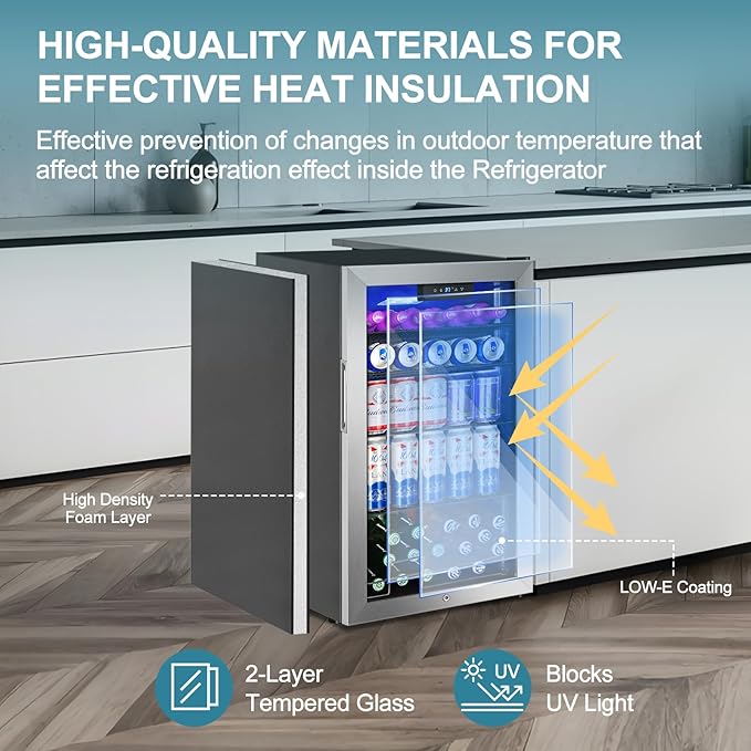 128 Cans Beverage Refrigerator Cooler, 3.2 Cu.Ft Mini Drink Fridge Glass Door for Drink Beer Soda Wine, Beer Fridge with 4 Removable Shelves for Kitchen Bedroom, Office Bar Gaming Room,Stainless Steel-HomvellaHome