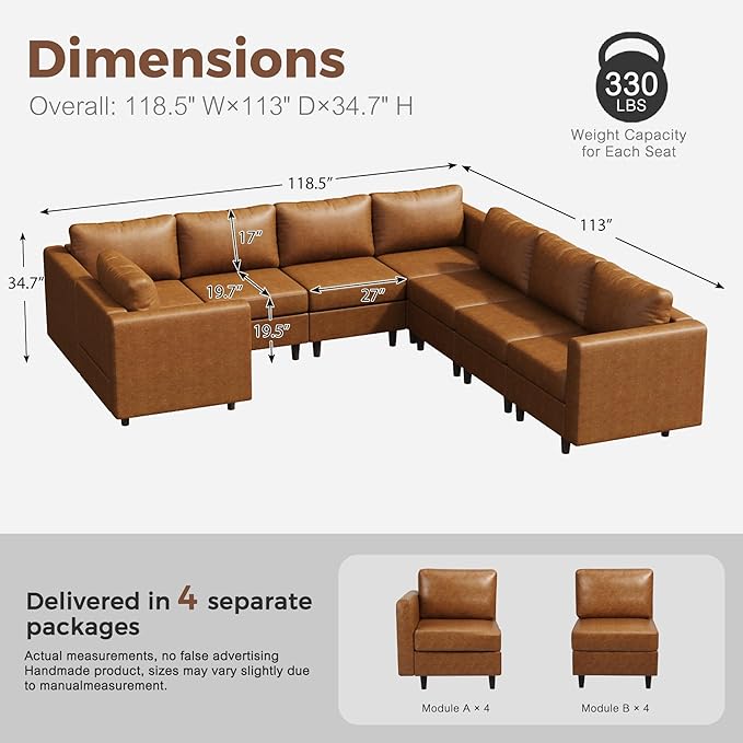 118.5" Faux Leather Modular Sectional Sofa, U Shaped Couch Set for Living Room, Large 8-Seater Comfy Cloud Couches with Storage Seat DIY Combination - Brown-HomvellaHome