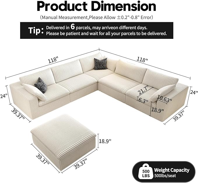 118" Cloud Couch Oversized Modular Sectional Sofa for Living Room,Modern Sofa with Deep Seat，6 Seater Boneless Couch,Comfy Upholstered Corduroy Couches for Apartment, Studio, Office,Bedroom，White-HomvellaHome