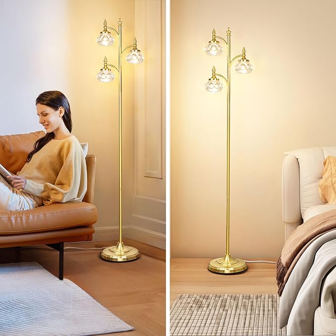 Gold Floor Lamp, Dimmable Tree Floor Lamps for Living Room Brass Tall Standing Lamp with 3 Rotatable Lights Glass Shade 66.5'' Modern Corner Lamp for Bedroom Office(3LED Bulbs Included)-HomvellaHome