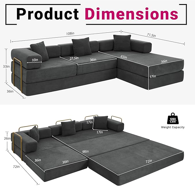 108" Oversized Convertible Sleeper Sofa Bed, Corduroy L Shape Sectional Couch, Folding Sofa Bed with Side Pocket, Modern Cloud Floor Mattress Couch, Modular Sofa for Living Room, Grey-HomvellaHome