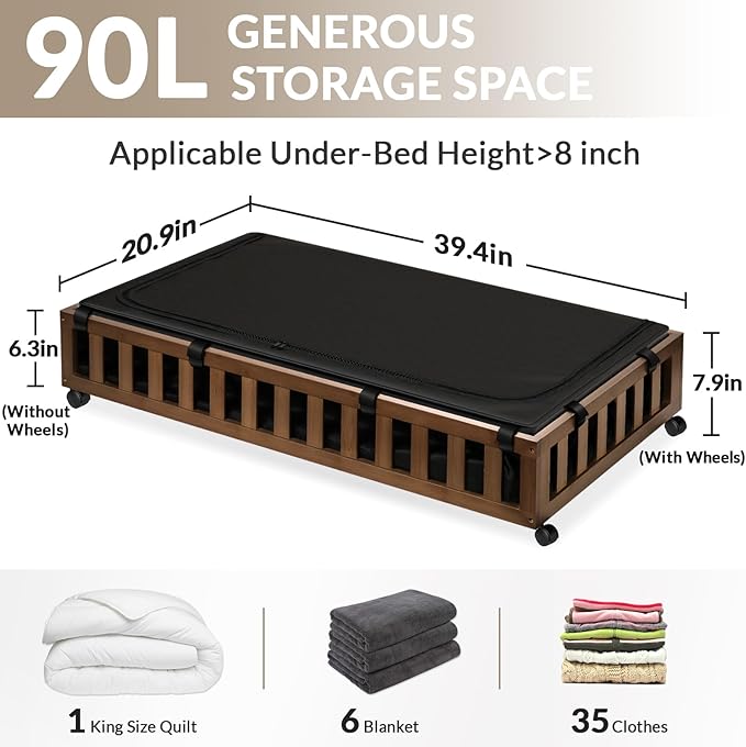 2 Pack Bamboo Under Bed Storage with Wheels, 39”x20”x7.8” Lager Under Bed Storage Containers (Brown)-HomvellaHome