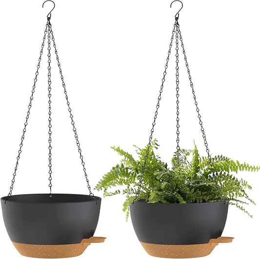 12 Inch Hanging Baskets 2 PC with Chains, Self-Watering Hanging Planters for Indoor Outdoor Plants, Plastic Hanging Flower Pots,Black Brown-HomvellaHome