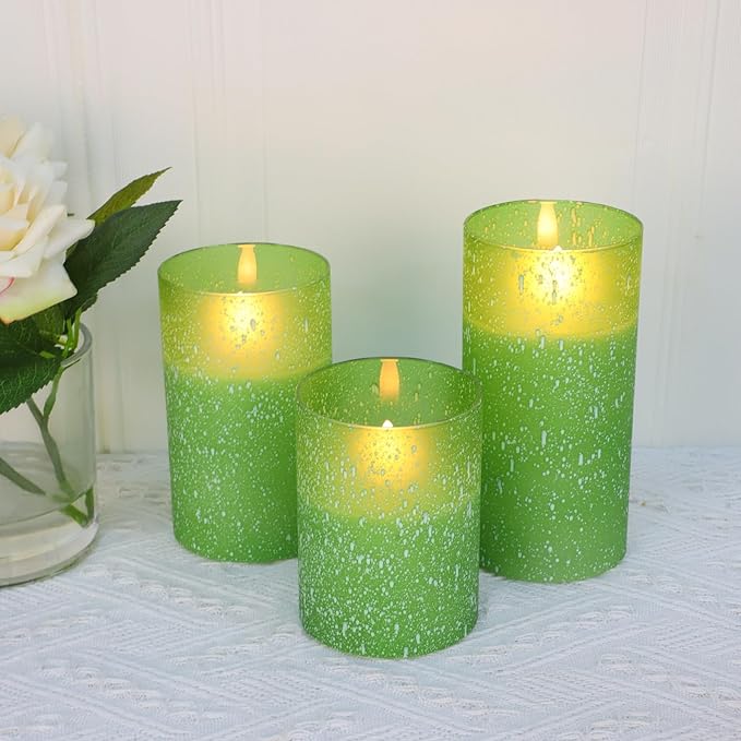 Green Flameless Candles with Remote, Glass LED Pillar Battery Operated Candles with Timer, Flickering Decorative Lights for Home Weddings Holidays Gift Set of 3-HomvellaHome