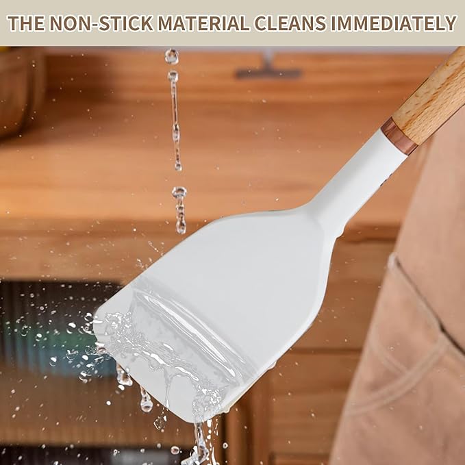 13-Piece silicone utensil set wood handle nonstick cookware safe dishwasher safe kitchen tools BPA free heat resistant (450°F/230°C) ceramic pan safe cooking gifts housewarming (White)-HomvellaHome