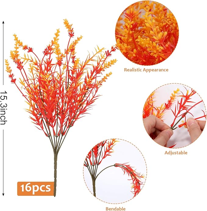 Geegoods 16 Bundles Artificial Fall Flowers Outdoor – Faux Lavender Flowers with Monkey Grass UV Resistant Plastic Faux Plants for Halloween Front Door Porch Patio Yard Balcony Decor, Orange Color-HomvellaHome