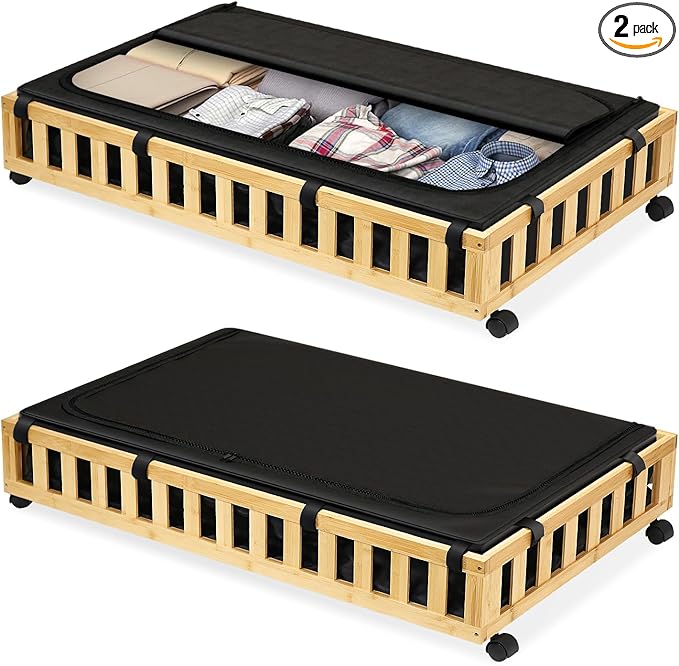 2 Pack Bamboo Under Bed Storage with Wheels, 39”x20”x7.8” Lager Under Bed Storage Containers (Natural)-HomvellaHome