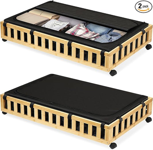 2 Pack Bamboo Under Bed Storage with Wheels, 39”x20”x7.8” Lager Under Bed Storage Containers (Natural)-HomvellaHome