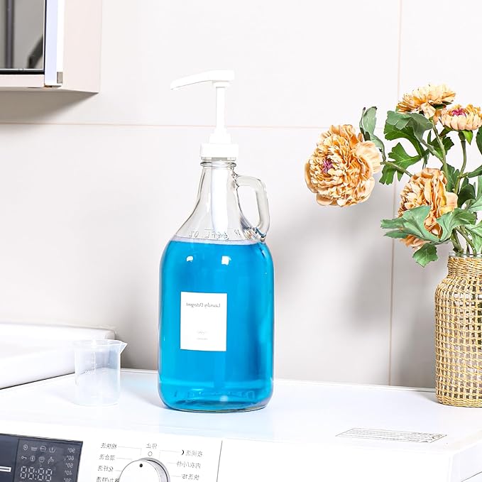 Glass Laundry Detergent Dispenser with Pump, 64OZ Liquid Laundry Soap Dispenser, Fabric Softener Dispenser Bottle for Laundry Room Organization and Storage, 2 Pack-HomvellaHome