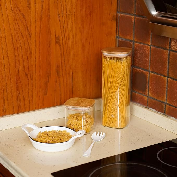 Glass Pasta Storage Jars Square 73oz, 3 Pack Glass Jars With Bamboo Lids, Tall Kitchen Storage Containers For Pasta, Storage For Pantry Organizers-HomvellaHome