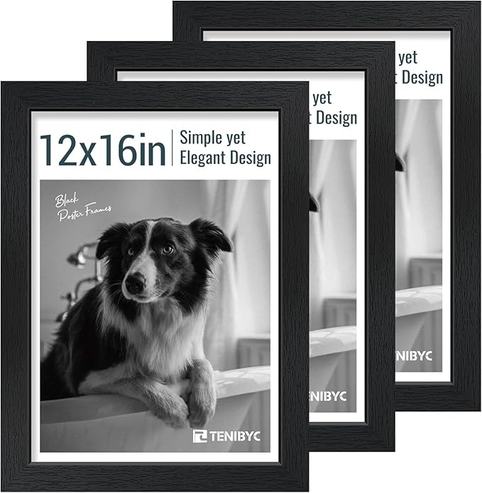 12x16 Picture Frame 3 pk - Textured Black Wood, HD Tempered Glass, Wall Gallery Picture Photo Frame-HomvellaHome