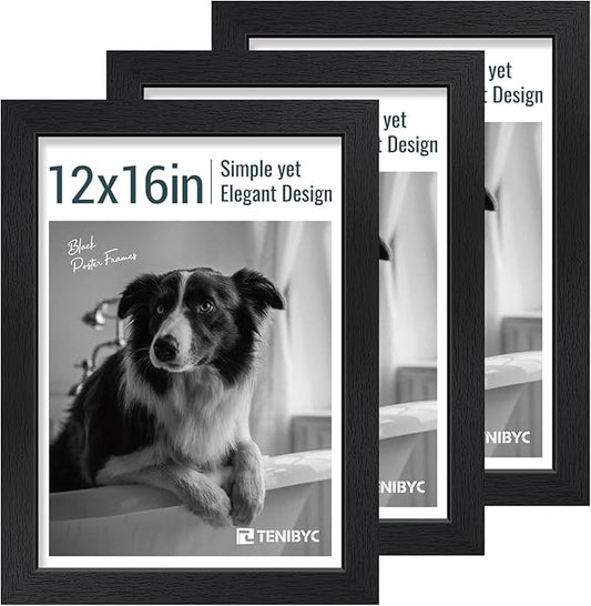 12x16 Picture Frame 3 pk - Textured Black Wood, HD Tempered Glass, Wall Gallery Picture Photo Frame-HomvellaHome