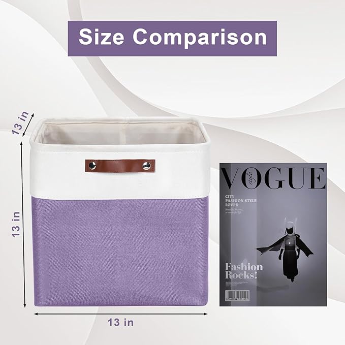 13x13 Cube Storage Bins, Collapsible Fabric Storage Box, 4 Pack Closet Baskets with Handles for Organizing, Shelf, Toys, Clothes, Home, Office, Nursery (Purple&White)-HomvellaHome
