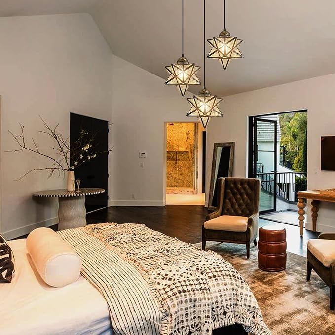 Glass Glam Chandelier Star Pendants Light Fixture Modern Elegant Ceiling Hanging Lights Included LED Warm Light Bulbs Oiled Bronze-HomvellaHome