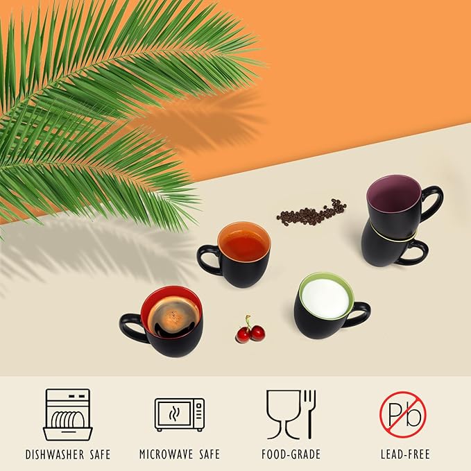 16 OZ Stoneware Coffee Mug Set of 6, Black Ceramic Mug with Different Color Inside, Colorful Porcelain Mug with Handle for Latte Espresso Cappuccino-HomvellaHome