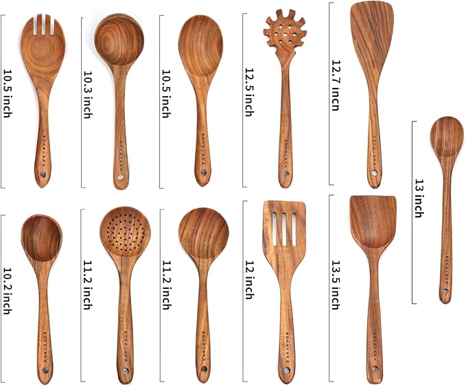 11 Pcs Wooden Kitchen Utensils Set - Wooden Spoons, Spatulas and More for Cooking-HomvellaHome