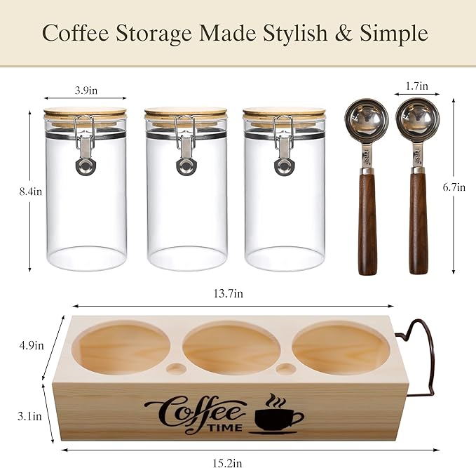 Glass Coffee Canister Set with Shelf & Spoons 3 Piece Coffee Containers for Ground Coffee Coffee Bean Storage Airtight Seal, Coffee Bar Coffee Filter Holder for Kitchen Organization-HomvellaHome
