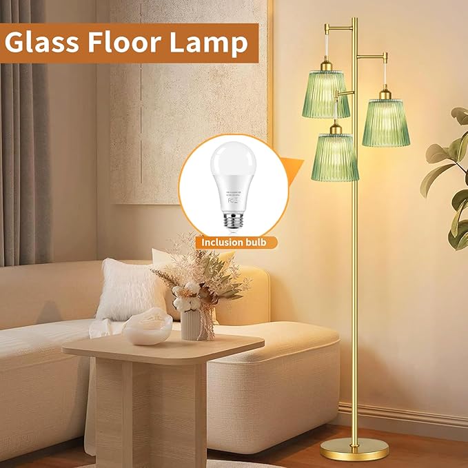 Gold Floor Lamp for Living Room,Bedroom,Mid Century Modern Standing Lamp Brass Tree 3 Light Tall Floor Lamps Vintage Retro Floor Lights Glass Green Flower Lamp Shade Farmhouse Boho Bohemian-HomvellaHome
