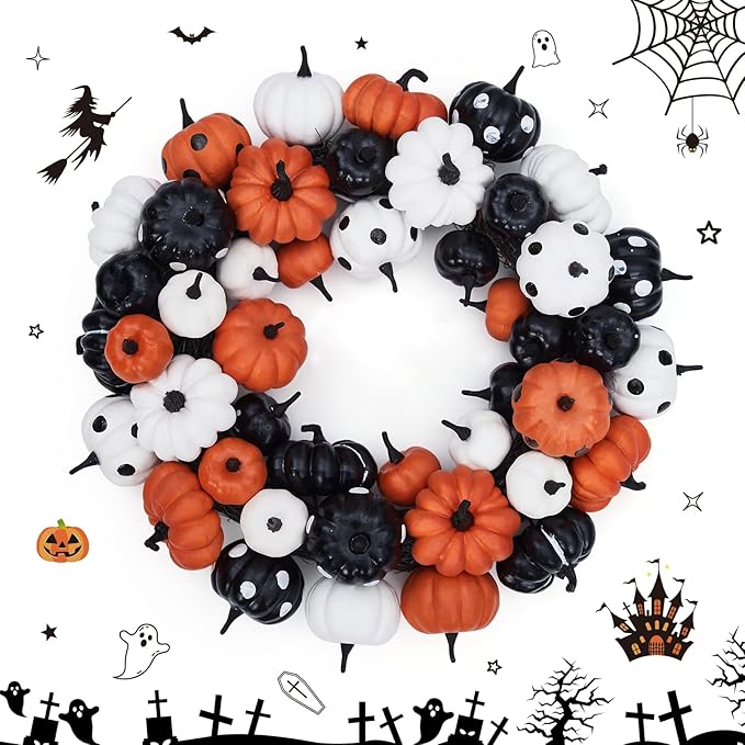 GarveeHome Halloween Pumpkin Wreath for Front Door, 18 Inch Fall Farmhouse Wreath with Orange, Black and White Pumpkins, Rattan Bottom Halloween Indoor Outdoor Home Party Decor-HomvellaHome