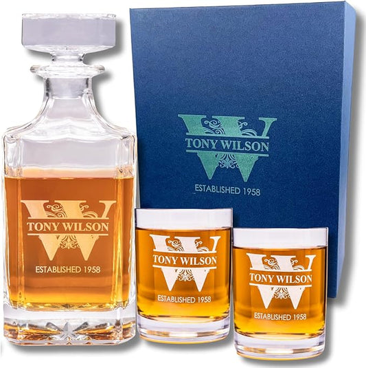 Gifts Inscribed Personalized Whiskey Decanter Set - Engraved Whiskey Decanter Bottle & Set of 2 Custom Drinking Glasses Laser Etched - Customized Whisky Gift for Wedding, Birthday, Fathers Day-HomvellaHome