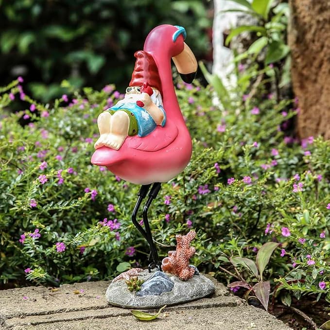 Gnome Garden Statue Funny Gnome Reclining on Flamingo Dwarf Figurines Resin Garden Gnomes Fall Decorations Outdoor for Patio Yard Lawn Porch Housewarming Ornament Gift-HomvellaHome