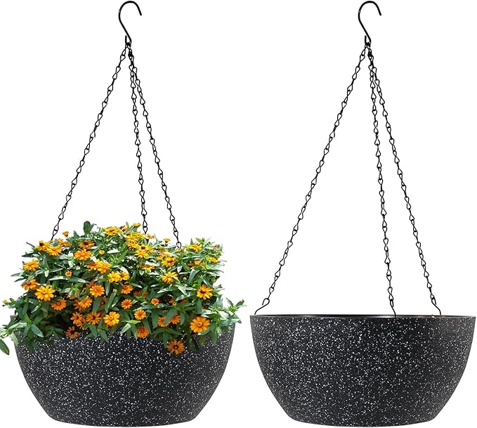 10 inch Hanging Planters for Outdoor Indoor Plants with Drainage Holes and Chain, 2 Pack Round Hanging Flower Pots for Garden Home Porch Decor, Speckled Black-HomvellaHome