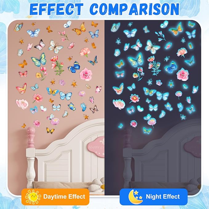 Glow in The Dark Butterfly Flower Wall Decals Glowing Luminous Butterflies Removable Self-Adhesive Wall Stickers for Girls Bedroom Nursery Living Room Decor 4 Sheets (Butterfly 3)-HomvellaHome