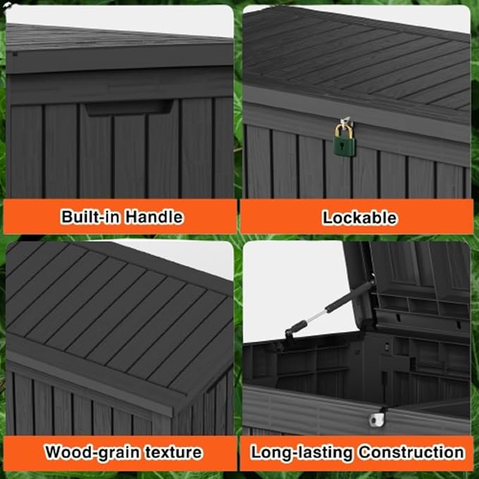 180 Gallon Lockable Resin Deck Box, Waterproof & UV-Resistant Outdoor Storage Box for Outdoor Cushion Storage, Garden Tools & Pool Accessories Storage, Black-HomvellaHome
