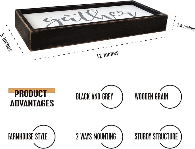 Gather Sign for Home Decor in Grey - Farmhouse Kitchen Dining Room Wall Decor - Rustic Wall Decoration Solid Wood Thick Black Frame 12x5 Inches-HomvellaHome