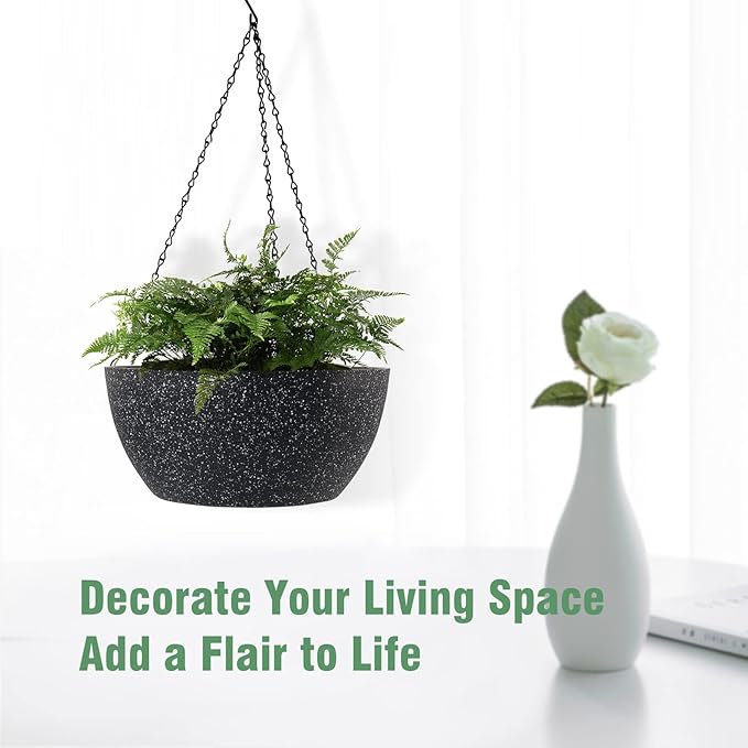 10 inch Hanging Planters for Outdoor Indoor Plants with Drainage Holes and Chain, 2 Pack Round Hanging Flower Pots for Garden Home Porch Decor, Speckled Black-HomvellaHome