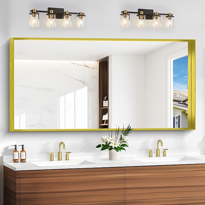 Gold Bathroom Mirror, 30x60 Inch Rectangular Deep Frame Mirror, Large Wall Mounted Bathroom Vanity Mirror Over Sink for Bedroom,Restroom, Living Room, Hangs Vertically or Horizontally-HomvellaHome