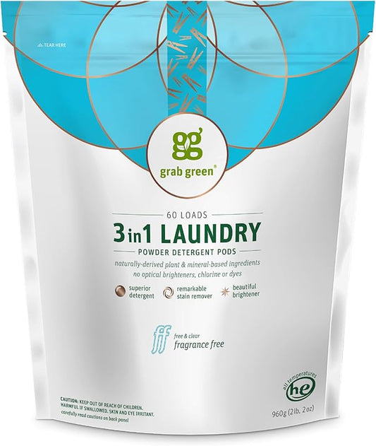Grab Green 3-in-1 Laundry Detergent Pods, 60 Count, Fragrance Free, Plant and Mineral Based, Superior Cleaning Power, Stain Remover, Brightens Clothes-HomvellaHome