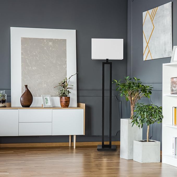 GLOBE Electric 67046 58" Floor Lamp, Matte Black Finish, White Linen Rectangular Shade, Modern Geometric Cutout Design, E26 Base-HomvellaHome