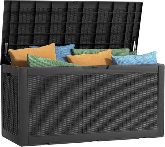 100 Gallon Outdoor Deck Box,Storage Lockable Waterproof Patio Furniture,Garden Tools,Cushions,Pool Accessories Outside Storage Resin Box(Black)-HomvellaHome