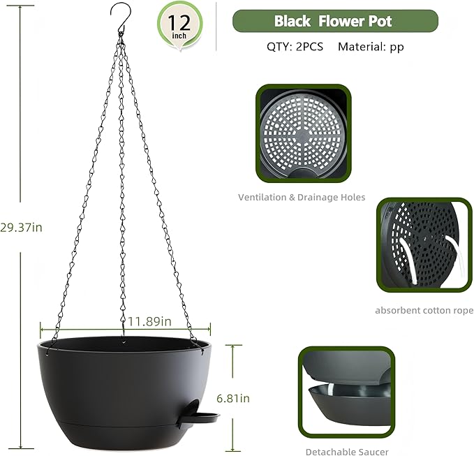 12 Inch Hanging Baskets 2 PC with Chains, Self-Watering Hanging Planters for Indoor Outdoor Plants, Plastic Hanging Flower Pots,Black-HomvellaHome