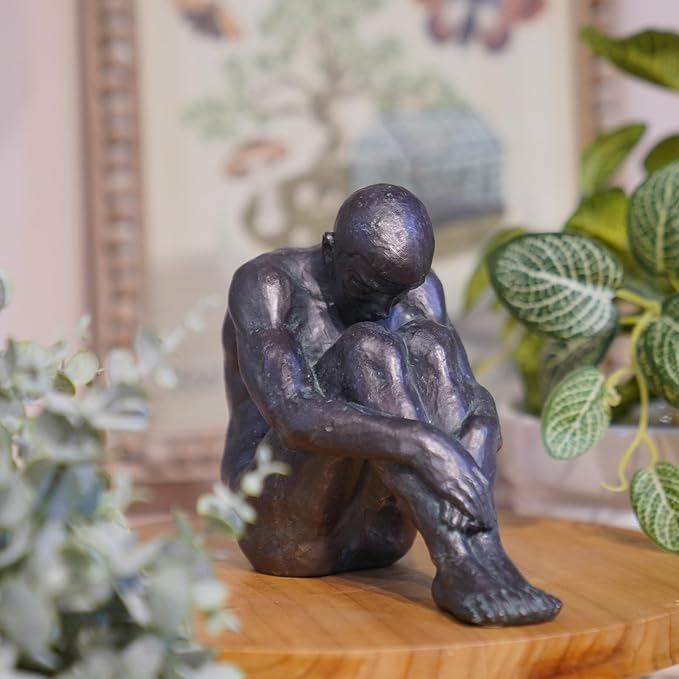 Guichifun Sitting Man Sculptures Home Decor - Resin Bronze Male Holding Arms Legs Lonely Statues Decorative Objects Outdoor Gift for Men 7.5 x 3.7 x 5.8 Inch-HomvellaHome