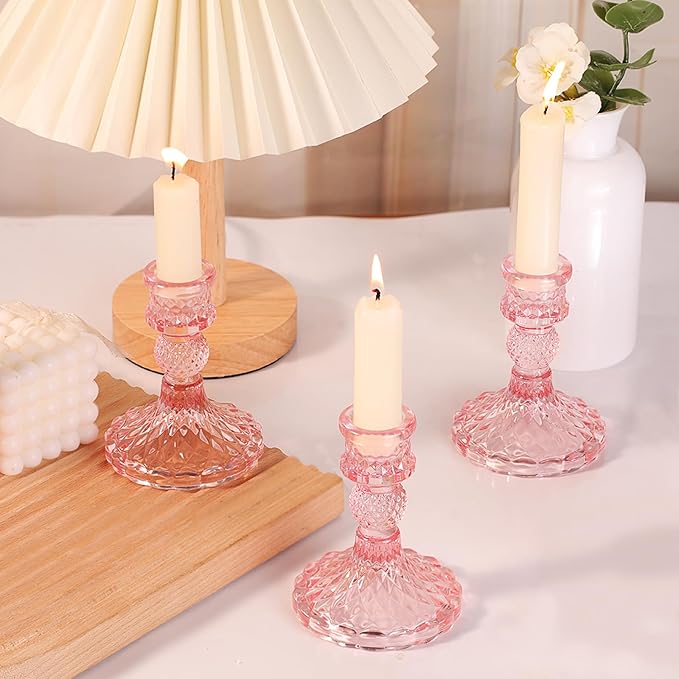 12Pcs Pink Candlestick Holders Set- 4" H Taper Candle Holders Bulk, Glass Candle Holders for Wedding, Party, Romantic Dinner Table Centerpieces, Festival Gifts & Windowsill Decor-HomvellaHome