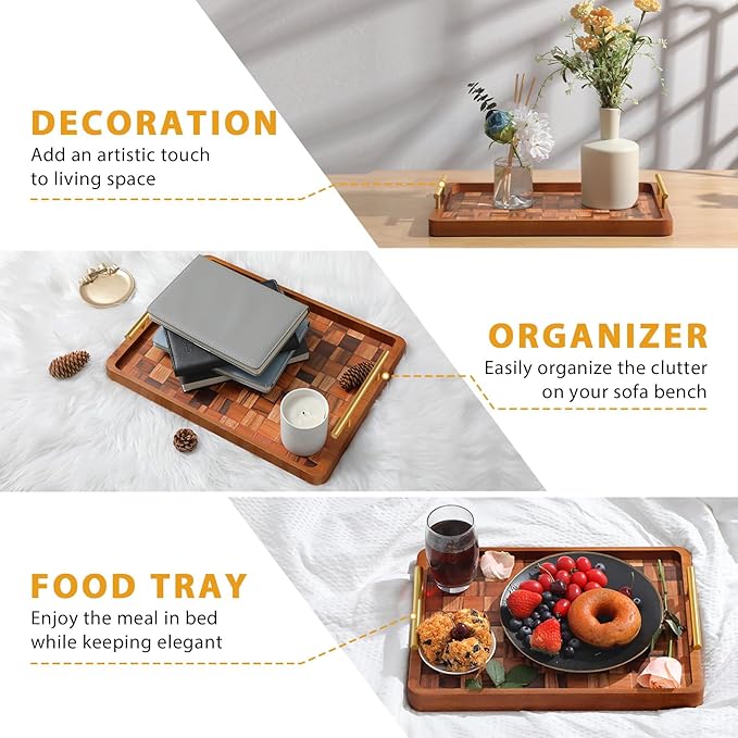 Wooden Serving Tray with Handles Mat, Decorative Coffee Table Trays, Wood Ottoman Tray for Serving Food Drink Breakfast Dinner,1 Pcs-HomvellaHome