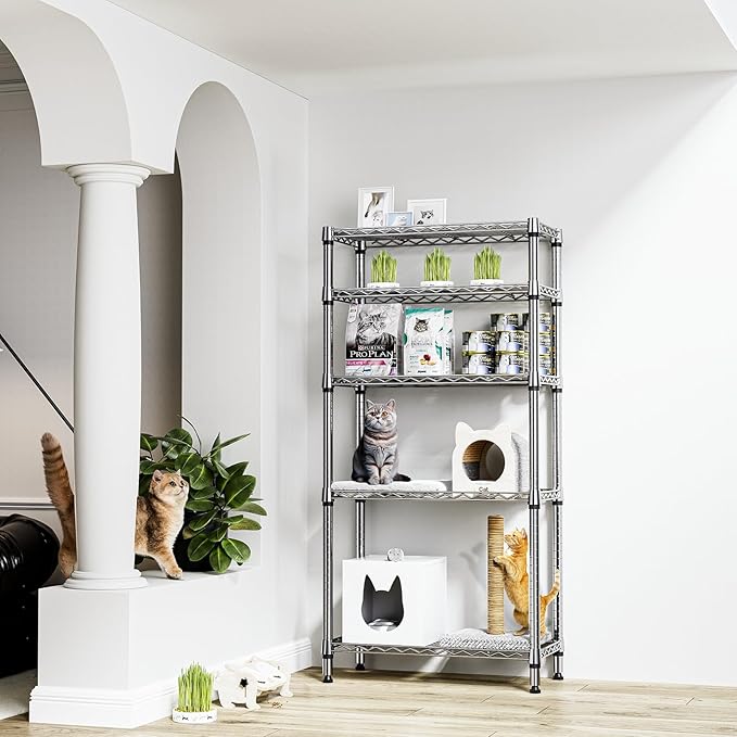 1250 lbs 5 Tier Shelf Metal Storage Shelves Shelving Wire Rack Heavy Duty Closet Organizers for Garage Kitchen Bathroom Laundry Chrome 13.8" D x 29.5" W x 59.5" H-HomvellaHome