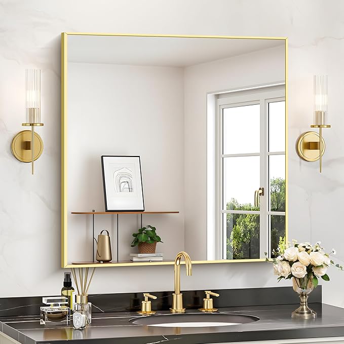 Gold Bathroom Mirror for Wall, 30x30 Inch Rectangle Mirrors with Metal Frame, Modern Vanity Wall Mirror Decor for Bathroom Living Room, Entryway Hangs Horizontal or Vertical-HomvellaHome