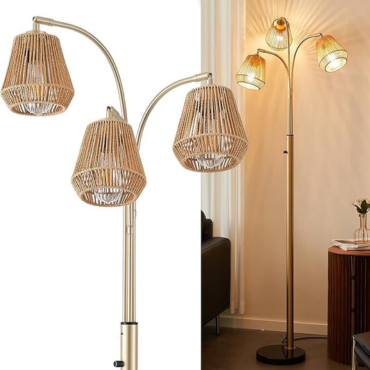 Gold Rattan Floor Lamp for Living Room, 72 Inch Tall Boho Floor Lamp with Rotary Switch, 3 Lights Arc Lamp with Wicker Shade for Coastal,Bohemian,Modern,Tree Farmhouse Standing Lamp-HomvellaHome