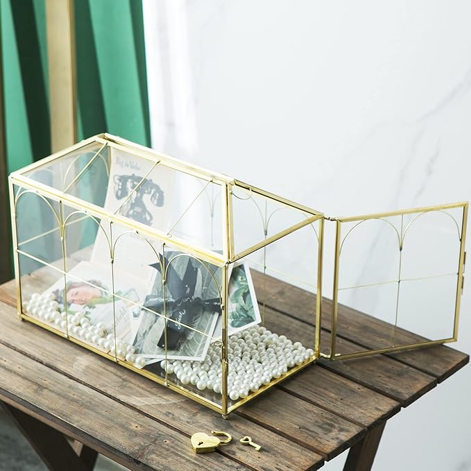 Glass Wedding Card Box with Slot, 12.6 inch Large Clear Card Box Gold Brass Gift Card Storage Box with Lock for Wedding Receptions, Baby Shower, Birthday Party, Bridal Shower-HomvellaHome