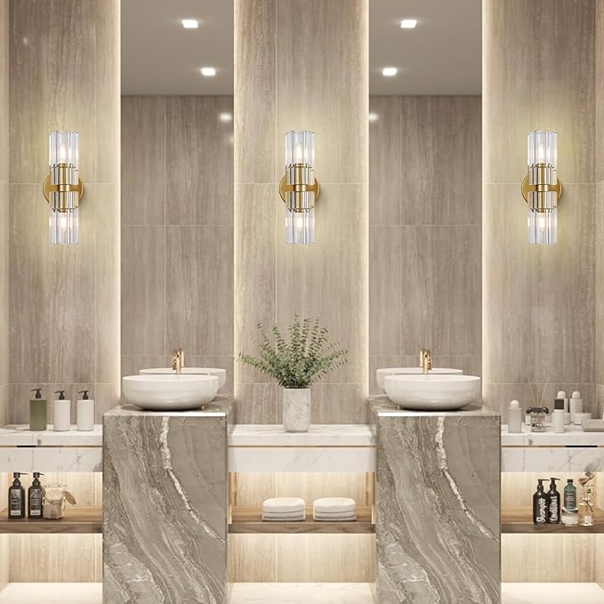 Gold Crystal Wall Sconces Set of Two, Wall Sconce Set of 2, Brass Sconces Wall Lighting with K9 Crystal Lampshade, Wall Lights for Bedroom Living Room Bathroom Hallway-HomvellaHome