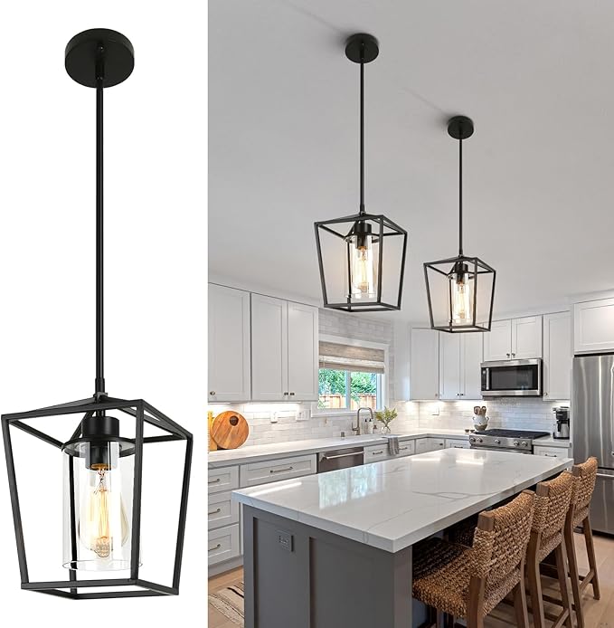 2 Pack 1-Light Black Pendant Lights for Kitchen Island, Farmhouse Metal Pendant Light Iron Cage Hanging Light Fixtures with Clear Glass Shade for Dining Room, Entryway, Hallway, Foyer-HomvellaHome