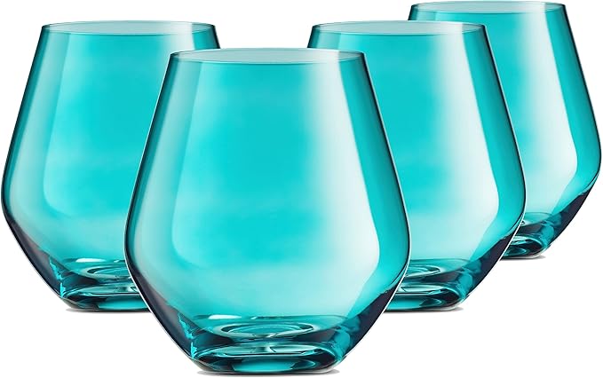 Godinger Wine Glasses, Stemless Wine Glasses, Red Wine Glasses, Drinking Glasses, European Made Stemless Wine Glass - Turquoise, 17oz, Set of 4-HomvellaHome