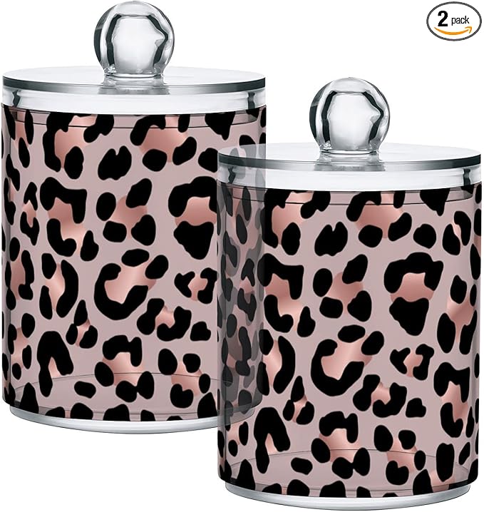 2 Pack Qtip Holder Dispenser Rose Gold Black Leopard Bathroom Storage Canister Lid Acrylic Plastic Apothecary Jar Set Vanity Makeup Organizer for Cotton Swab/Ball/Round Pads, Floss-HomvellaHome