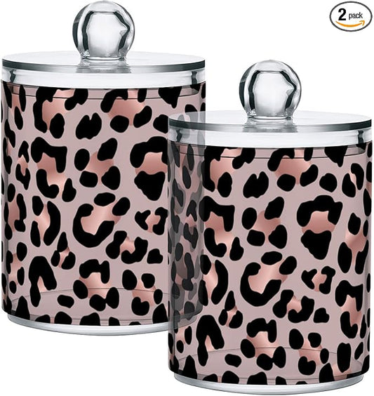 2 Pack Qtip Holder Dispenser Rose Gold Black Leopard Bathroom Storage Canister Lid Acrylic Plastic Apothecary Jar Set Vanity Makeup Organizer for Cotton Swab/Ball/Round Pads, Floss-HomvellaHome